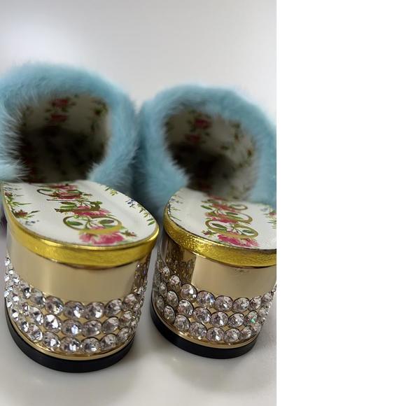 Gucci 41 Gold Metallic Aqua Mink Fur Crystal Heel Mules Slides D888 - Picture 10 of 12